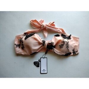 Retro Stage Peach Bandeau Bikini Top Black Floral Lace Halter Swimsuit
